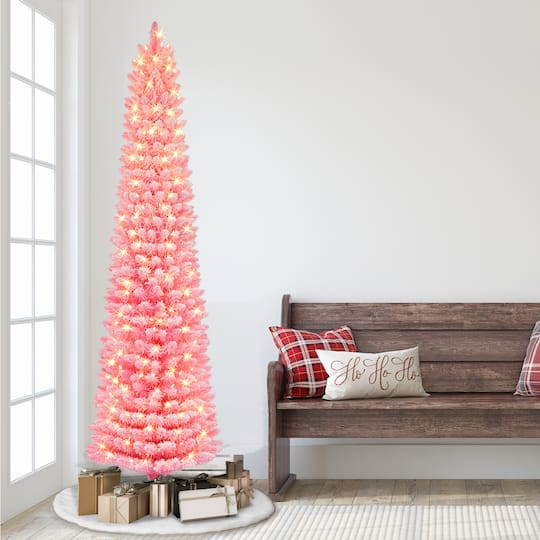 7.5ft. Pre-Lit Fashion Pink Flocked Artificial Christmas Tree, Clear Incandescent Lights